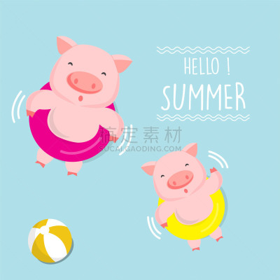 猪,幸福,游泳池,可爱的,橡胶游泳圈,一个人,泳装,儿童,夏天,绘画插图