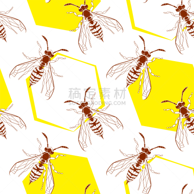 白色背景,绘画插图,纺织品,昆虫,黄色,危险,大黄蜂,分离着色,四方连续纹样