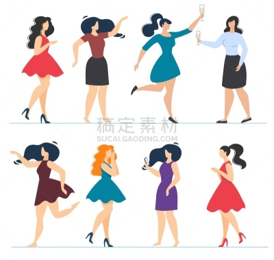卡通,连衣裙,高雅,平坦的,饮料,无忧无虑,华贵,肖像,女人