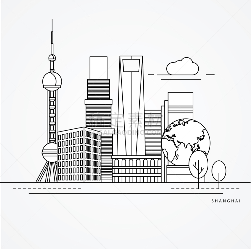 直的,上海,名声,模板,建筑业,建筑,都市风景,城市天际线,剪影