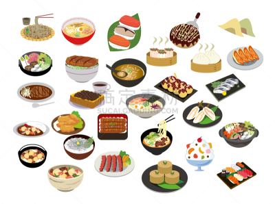 日本食品,绘画插图,寿司,天麸罗,清新,荞麦面,食品,鳗鱼寿司,乌冬面,三文鱼