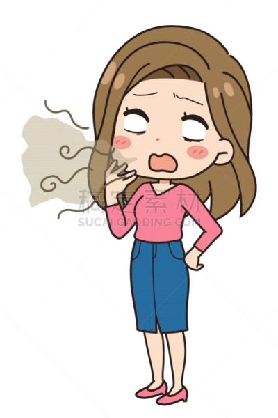 口臭,女人,全身像,绘画插图,痛苦,平衡折角灯,可爱的,口腔卫生,一个人
