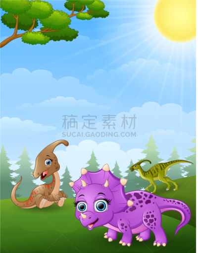 动画片,恐龙,热带雨林,可爱的,热带气候,野生动物,侏罗纪,草,动物,站