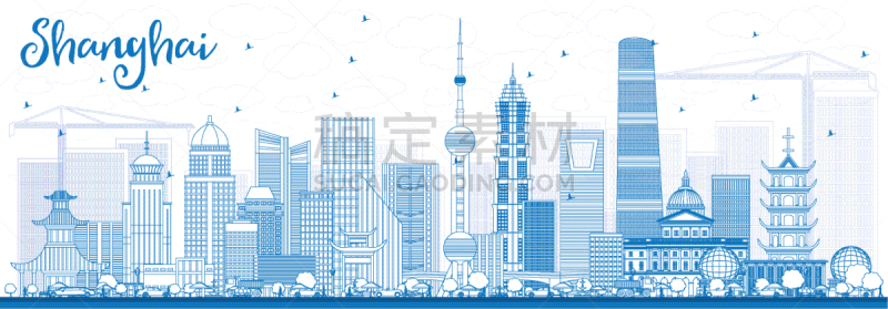上海,轮廓,城市天际线,蓝色,建筑外部,矢量,建筑,全景,人,旅游