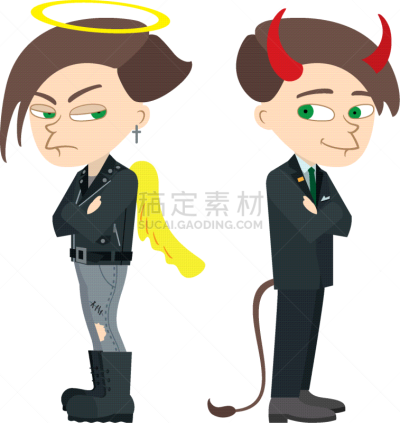 恶魔,双胞胎,天使,兄弟,魔鬼,翅膀,尾巴,欢乐,奇异的,闷闷不乐
