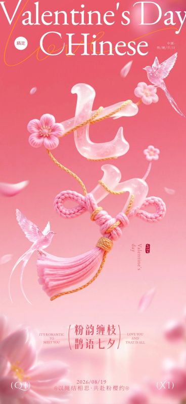 七夕节日祝福七夕情人节粉色中式感全屏竖版海报AIGC预览效果
