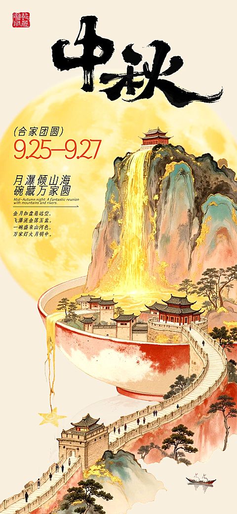 中秋国庆双节祝福中式感全屏竖版海报AIGC