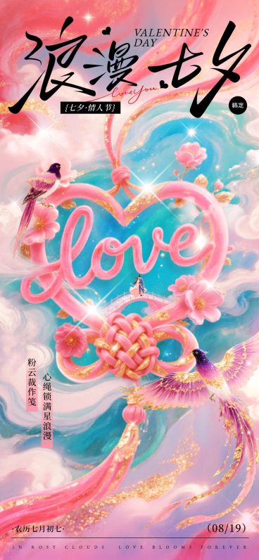 七夕节日祝福七夕情人节中式感全屏竖版海报AIGC预览效果