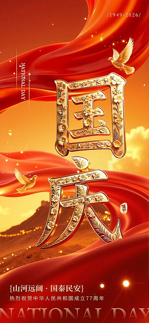 国庆节双节祝福非遗材质字创意喜庆感全屏竖版海报AIGC