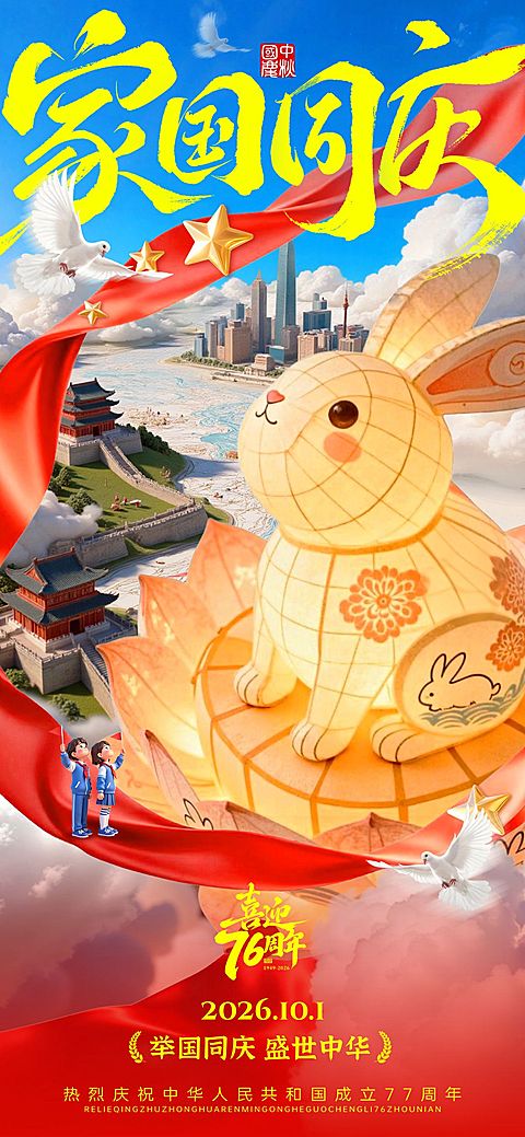中秋国庆双节祝福非遗灯创意喜庆感全屏竖版海报AIGC