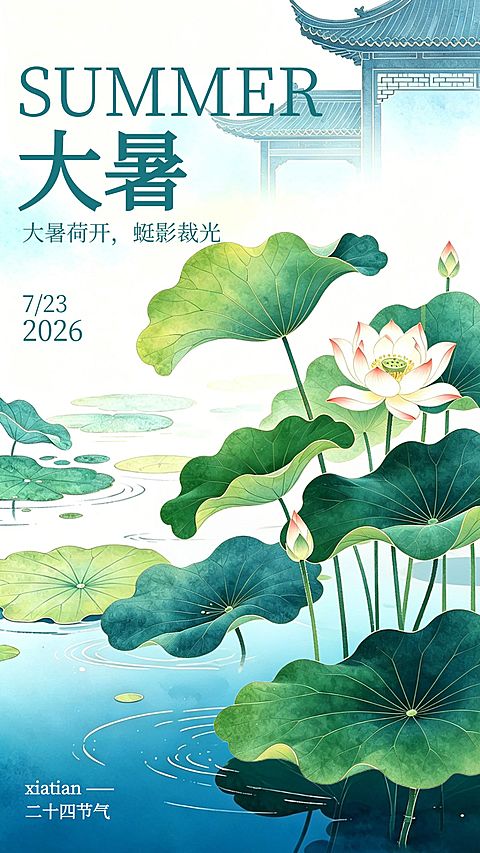 大暑节气问候祝福清新中式感竖版海报