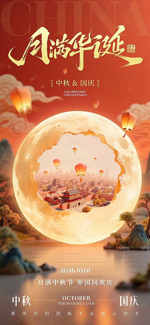中秋国庆双节祝福创意月亮全屏竖版海报AIGC
