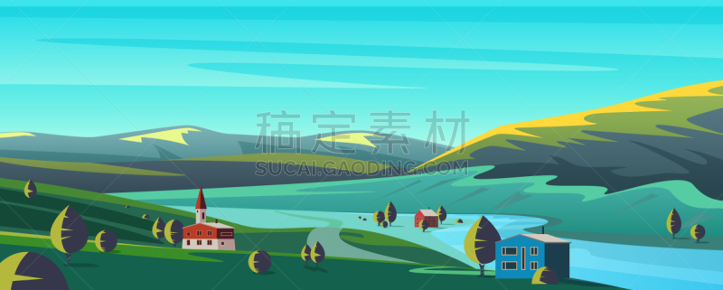 乡村,卡通,矢量,山,绘画插图,背景,平坦的,地形,环境,环境保护