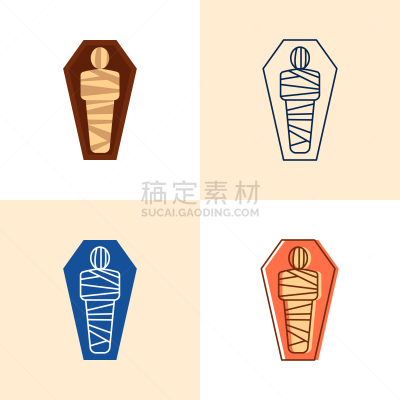木乃伊化的,埃及,图标集,高雅,平坦的,线条,恐怖,法老,古董