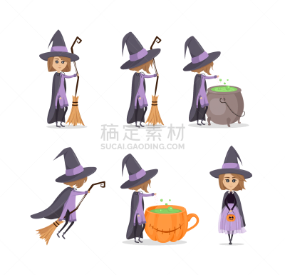 小的,性格,矢量,可爱的,绘画插图,魔术师,女巫,扫帚,飞,设计