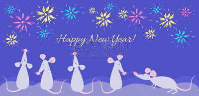 2020,贺卡,符号,放焰火,矢量,老鼠,新年前夕,十二生肖,注视镜头,观看