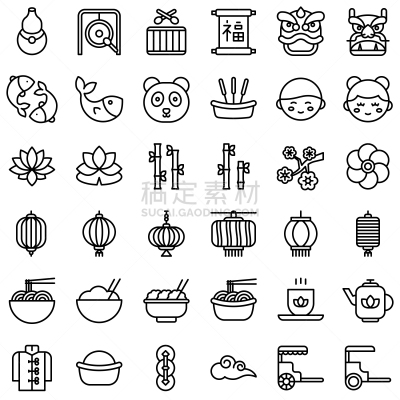 新年,月亮,线条,图标集,饮料,茶,传统,春节,食品