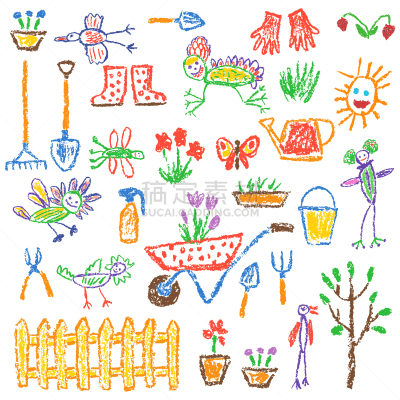 绘画插图,儿童,园艺器具,设备用品,农场,菜园,举起手,乐器,友谊,布置