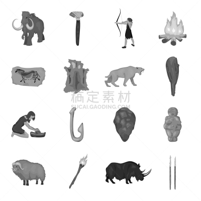 巨大的,石器时代,斧,图像,真猛玛象,犀牛,辛勤工作,动物,矢量,营火