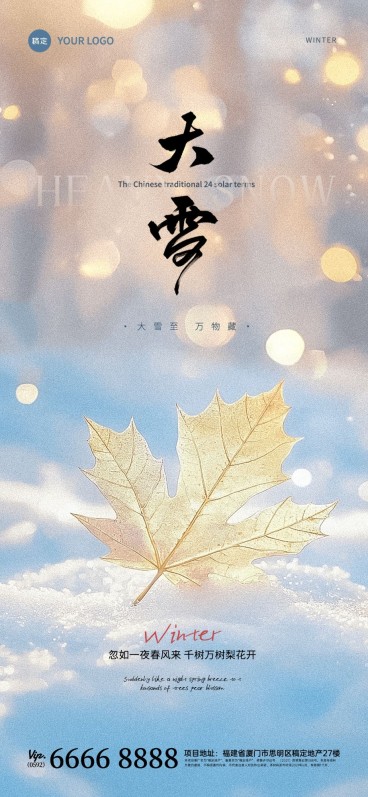 大雪节气祝福光感实景全屏竖版海报AIGC预览效果