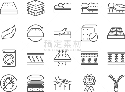 床垫,图标集,线条,记忆海绵,春天,轮廓,材料,乳胶,柔和