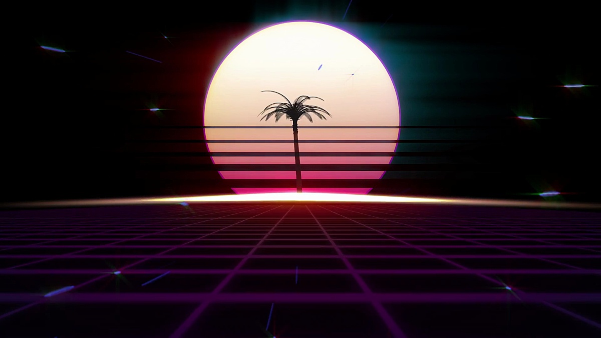 80s Retro Futurism Background. Palm tree on the background of the sunset or dawn of the sun.