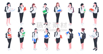 人群,大学,计算机,背景分离,技术,女人,等角投影,绘画插图,卡通