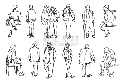 草图,人,商务,直的,女人,参观者,动作,站,绘制,剪影