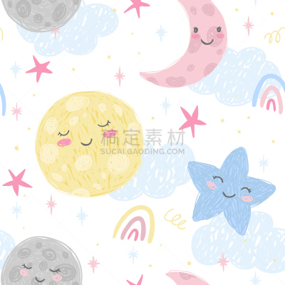 可爱的,纺织品,四方连续纹样,儿童,行星,绘画插图,矢量,式样,月亮,彩虹