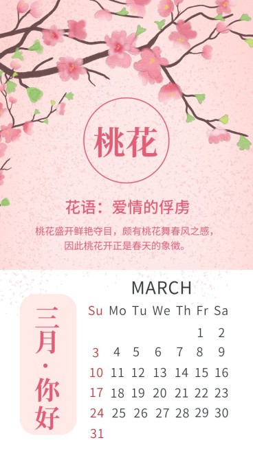 通用3月你好月签手绘手机海报预览效果