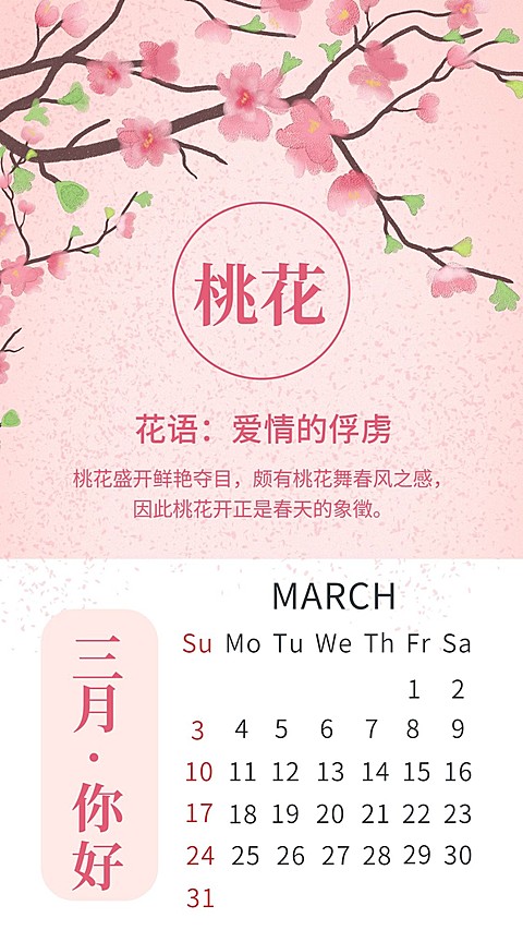 通用3月你好月签手绘手机海报