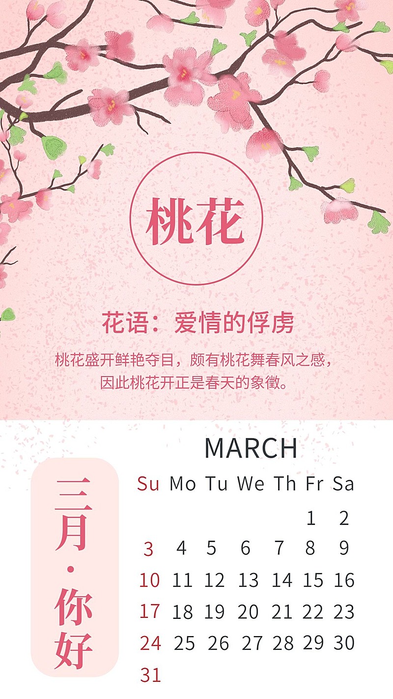 通用3月你好月签手绘手机海报