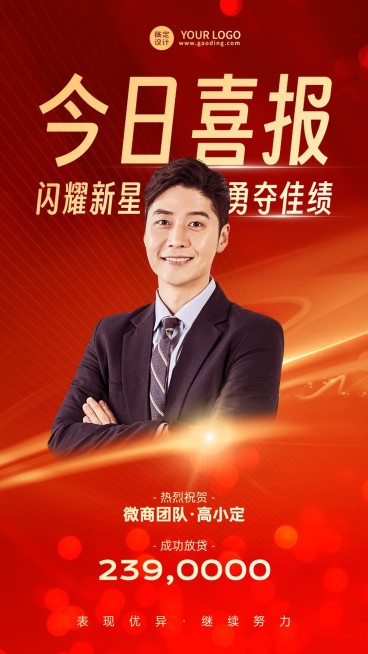 微商销售业绩表彰喜报喜庆人物手机海报预览效果