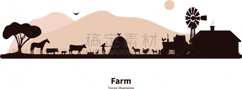 农业,动物,人类居住地,格兰奇,哺乳纲,牛,鸟类,农场,谷仓,剪影