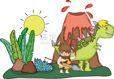 男穴居人,火山,恐龙,地形,灵长目,动物,土人,面部表情,景象,人