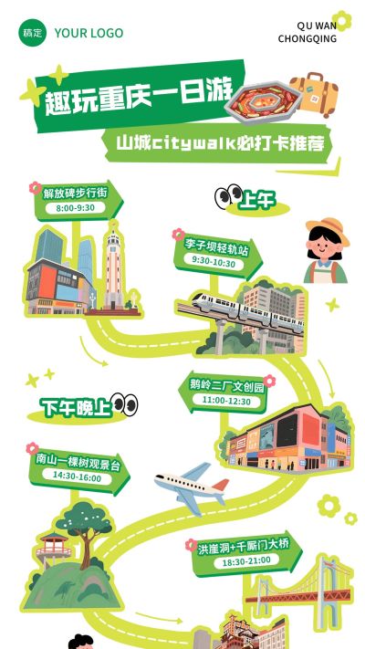 重庆山城旅游出行打卡路线卡通风全屏海报AIGC