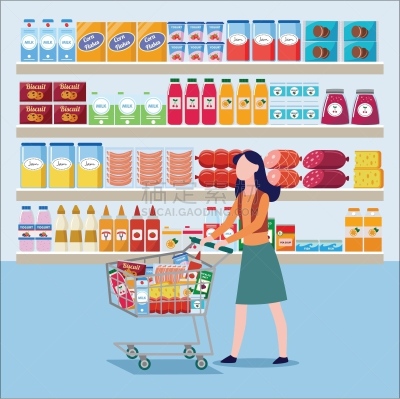 背景,商品,绘画插图,商店,矢量,女人,平坦的,食品杂货,商务,篮子