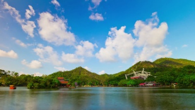 中国晴天珠海市著名公园湖山全景 延时