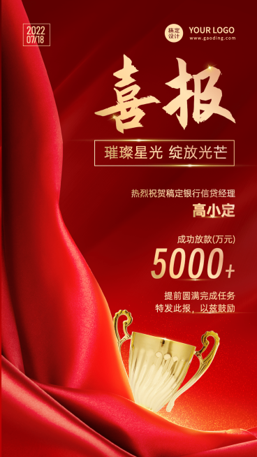 金融保险放款业绩表彰喜报贺报红金喜庆风手机海报预览效果