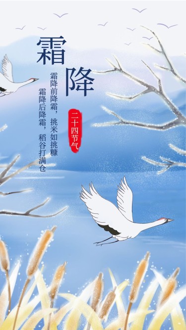 霜降手绘清新复古中国风手机海报