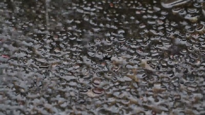 热带雨滴落在花园的石头表面。印度尼西亚巴厘岛