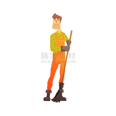 卡通,街道清洁工,白色,制服,男人,图像,清洁工,垃圾,工作