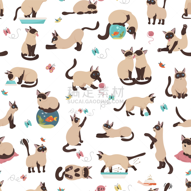 猫,性格,四方连续纹样,卡通,反差,可爱的,姿态,纺织品,食品,坐