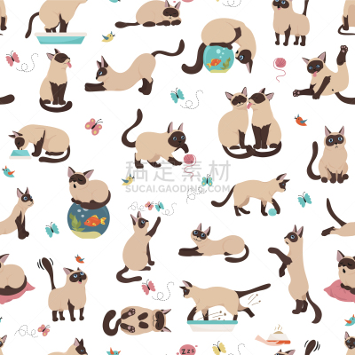 猫,性格,四方连续纹样,卡通,反差,可爱的,姿态,纺织品,食品,坐