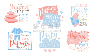 可爱的,请柬,二件式睡衣,绘画插图,标签,卧谈会,矢量,蓝色,粉色,聚会