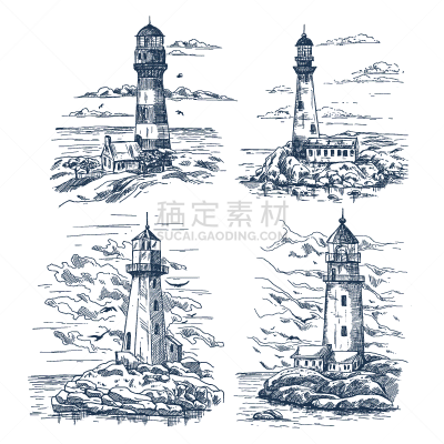 海洋,草图,灯塔楼,岛,夜晚,灯塔,分离着色,房屋,图像,船