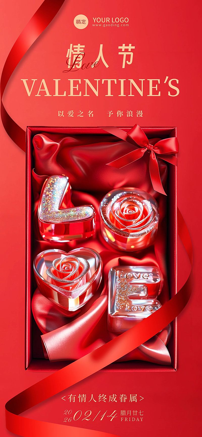 情人节节日祝福浪漫感3D全屏竖版海报AIGC