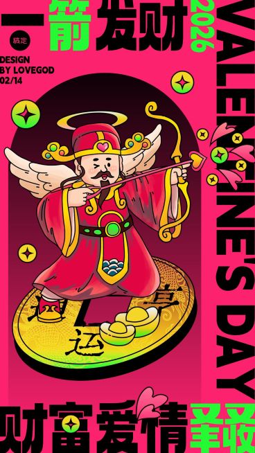 情人节迎财神趣味玩梗手机海报预览效果