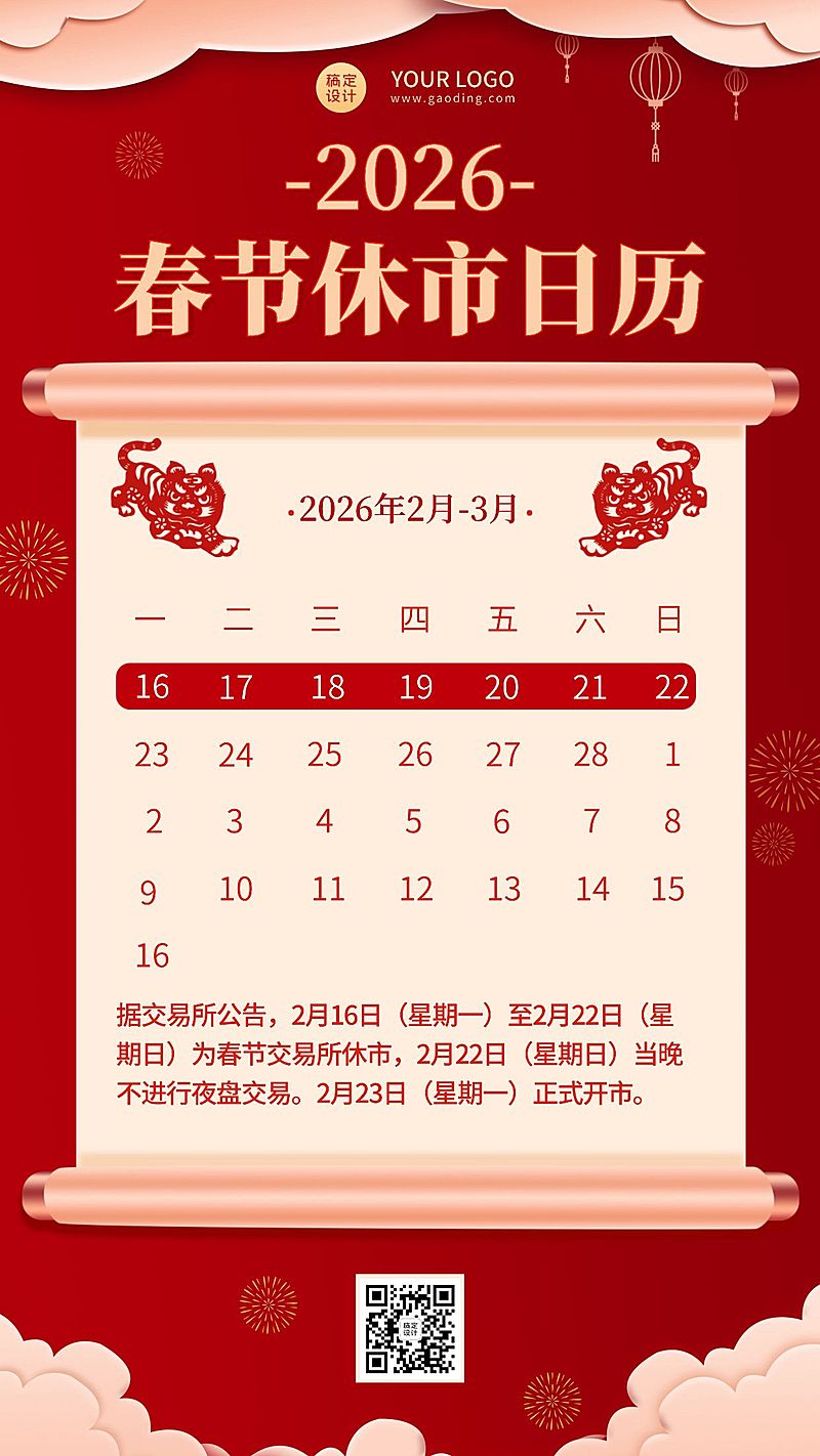 金融保险春节股市休市通知喜庆海报