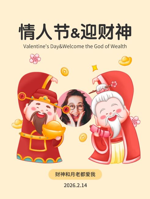 情人节迎财神趣味玩梗晒照小红书配图预览效果